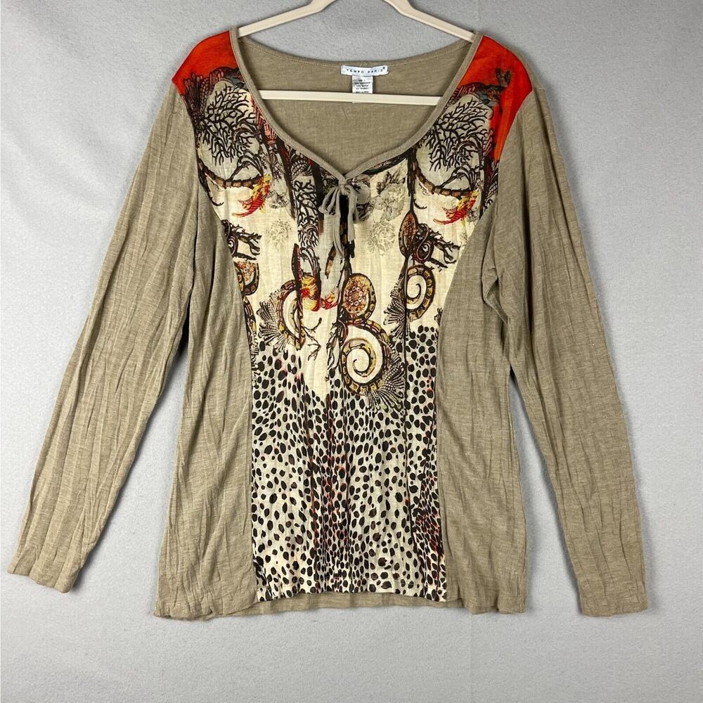 Tempo Paris Printed Top Womens Large Animal Stretchy Soft‎ Long Sleeve Artsy